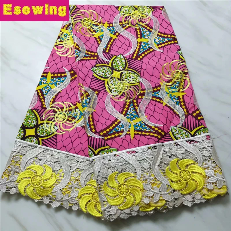 

Esewing Floral African Wax Print embroidered African Wax Cord Lace fabric with guipure lace borders High quality 6 yards Pink