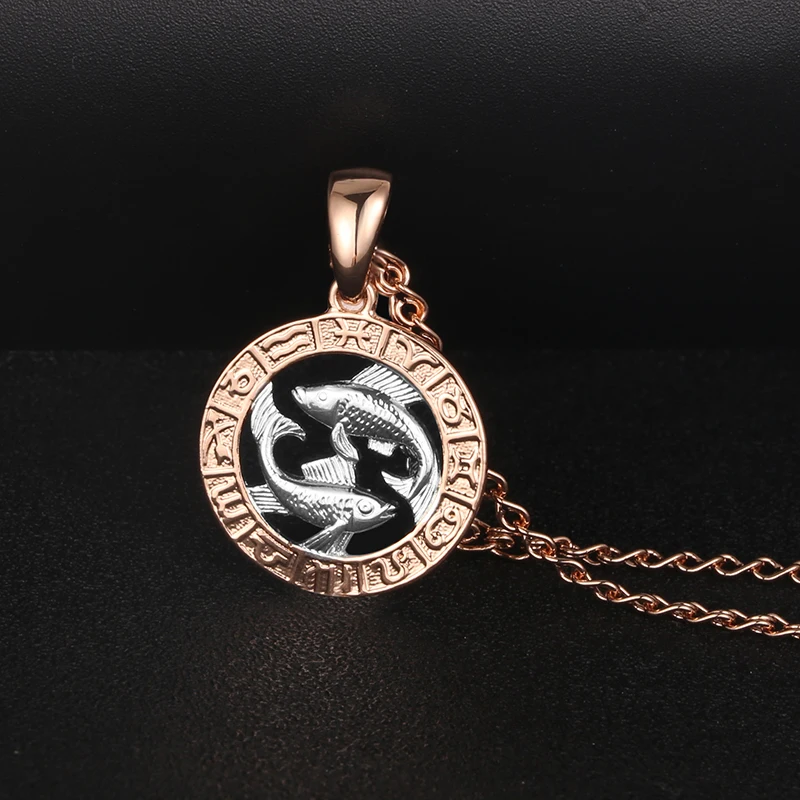 

FJ Mens Women Pendant 585 Rose Mixed Gold Color Constellation Pisces Taurus Pendants Necklaces