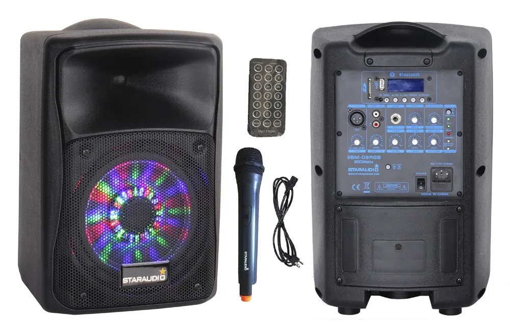 

STARAUDIO Pro 800W 8"PA DJ Powered Stage Karaoke Active BT USB SD Speaker UHF Mic RGB LED Lighting Speaker SBM-08RGB