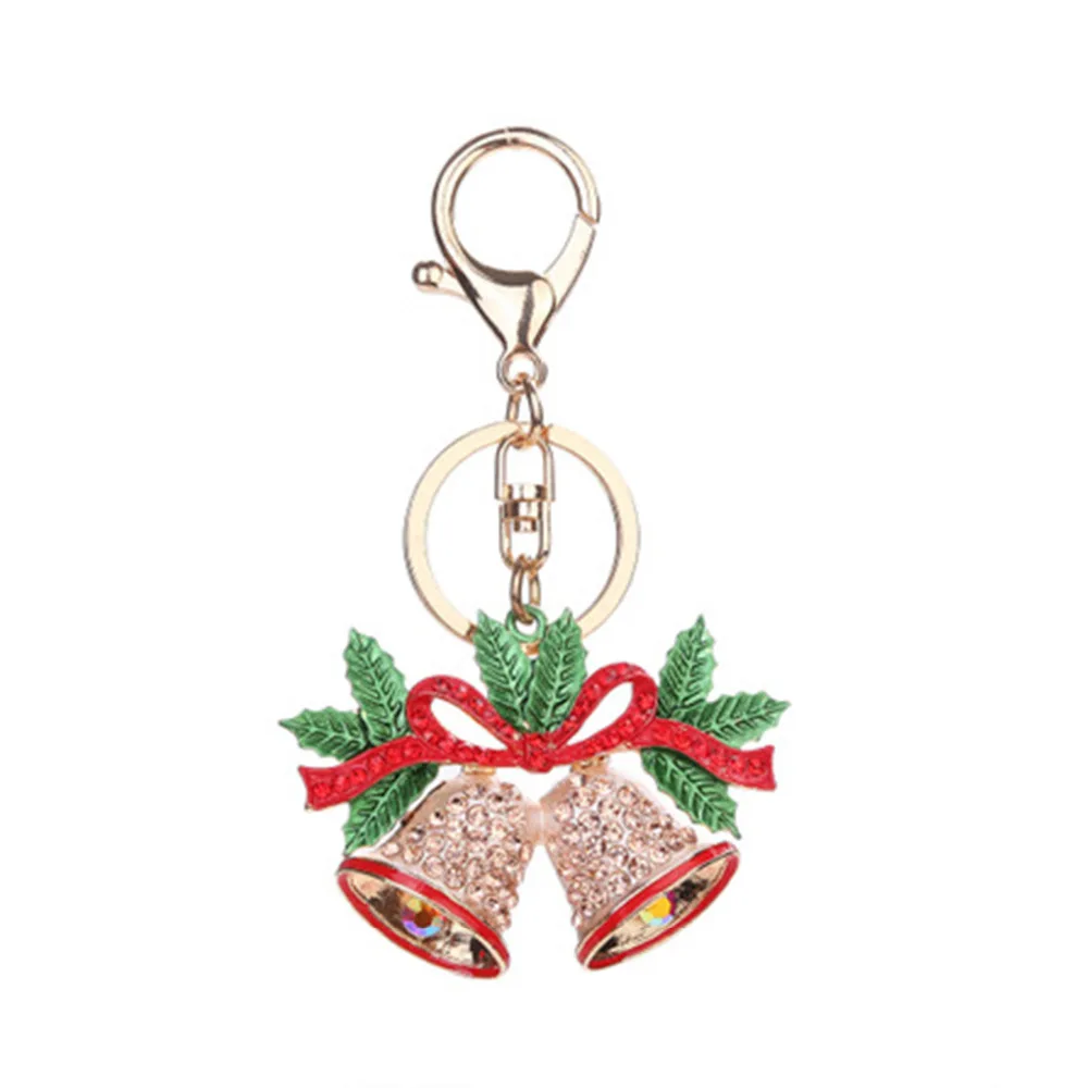Doreen Box Keychain Christmas Bell Gold Color Green Bowknot Champagne Rhinestone Enamel 10.7cm(4 2/8&quot) x 6.4cm(2 4/8&quot) 1 Piece |