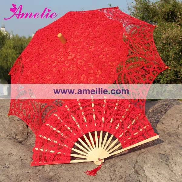 

Free Shipping red Lace Fan And Wedding Umbrella Lace Parasols