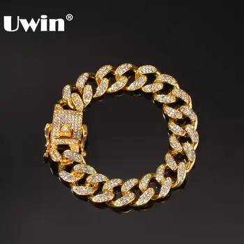 

Uwin Iced Out Cuban Link Bracelets Fashion Hiphop Box Clasp Rhinestones Gold Color 13mm Bracelet Jewelry For Men Drop Shipping