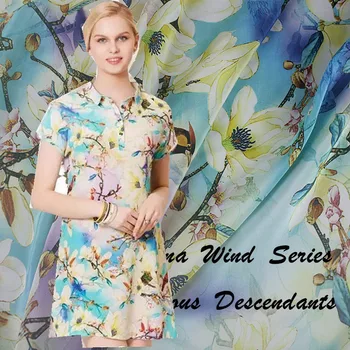

New 16mm 100% silk double crepe fabric 140cm wide flower and bird digital inkjet printing summer dress fabric