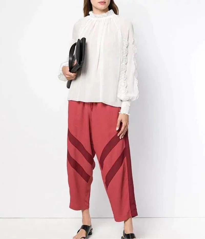 

Women Flower Embroidery White Blouse Long Lantern Sleeve Tie Neck Shirt