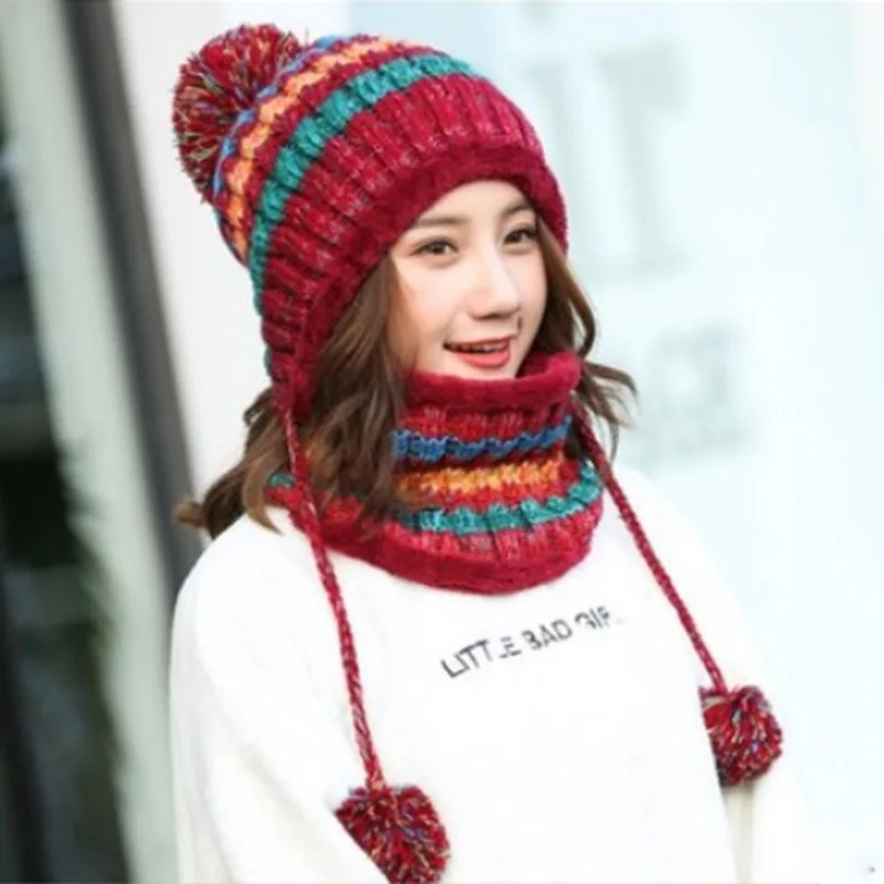 

MAERSHEI 2018 winter hat female knit plus velvet thickening wild hair ball cap collar set Korean version of the warm contrast co