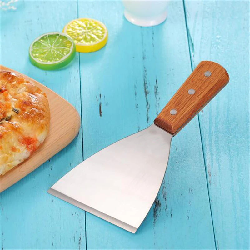 Кухонная кухонная лопатка из нержавеющей стали, термостойкая лопатка для пиццы, лопатка для стейков, длинная деревянная ручка, кухонная лопатка