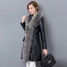 Latest High-grade Women Long PU Coat 2016 Winter Fall Fashion Casual Warm Big Slim Fur Collar Warm Coats B80009