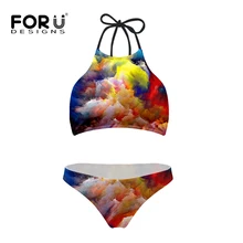 Летний милый облачный Женский комплект бикини с высокой горловиной, полосатый купальник, бюстгальтер с подкладкой, купальник с высокой талией, винтажный купальник для подростков