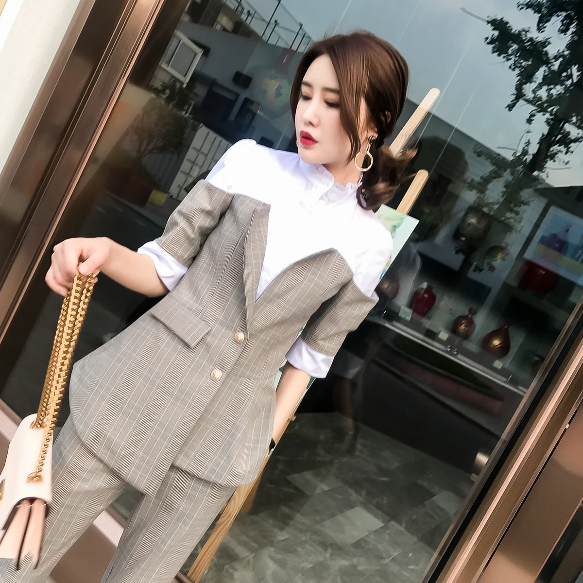 Yuxinfeng New Spring Autumn Women Blazer Pants Suit Sexy Fashion Plaid Patchwork Work Trousers Suit Set 2 pieces Outfits