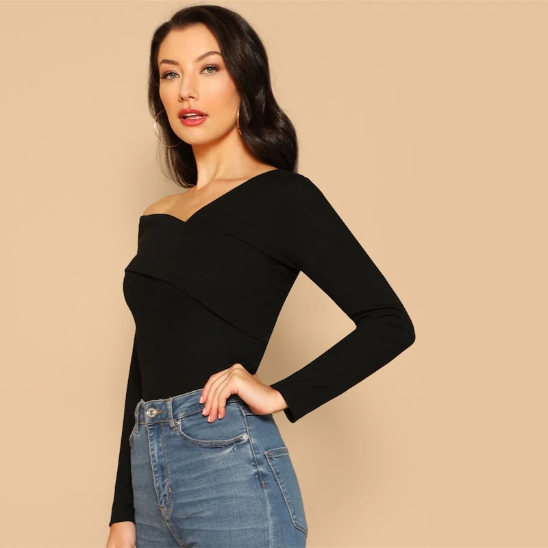 SHEIN белая однотонная Асимметричная футболка в рубчик облегающий Повседневный