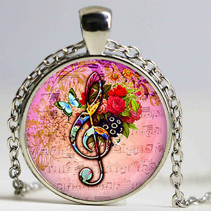 Music Clef and flowers Glass pendant, Music Clef necklace, Music Clef jewelry, birthday gift Christmas Gift Wedding Anniversary Music Clef and flowers Glass pendant, Music Clef necklace, Music Clef jewelry, birthday gift Christmas Gift Wedding Anniversary