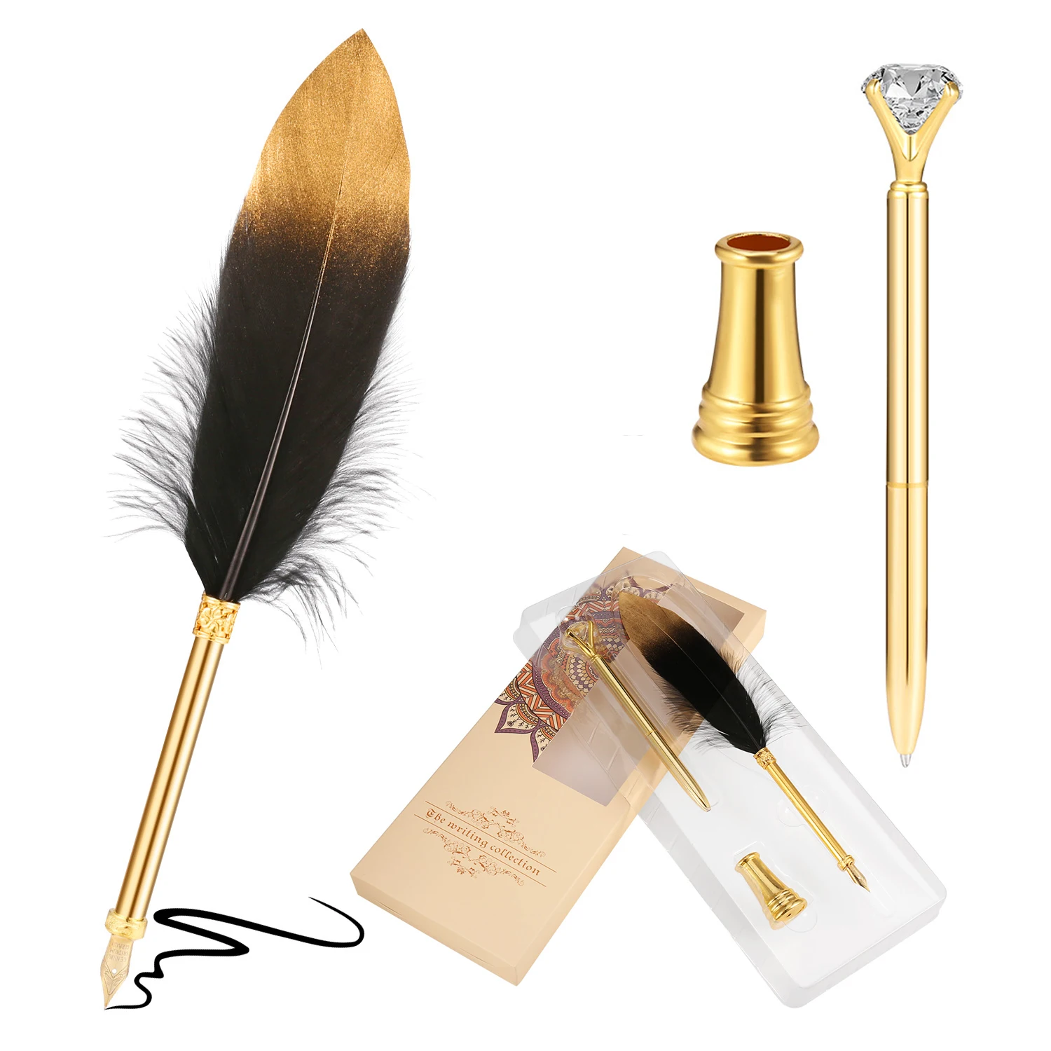 

6 Color Calligraphy Feather Dip Pen Writing Stationery Set Quill Gift Box with Big Diamond Crystal Metal Pen Christmas Gift