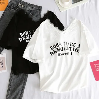

2020 Summer New Fashion sexy lace Patchwork t shirt Halajuku Loose Casual Irregular Short Sleeve Female T-shirts black white top