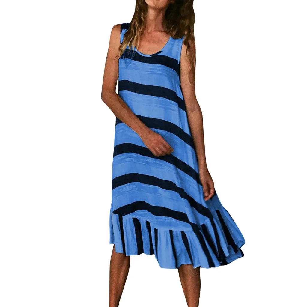

KLV 2019 summer dress Womens latest fashion платье Loose Sleeveless Plus Size Striped Print Casual Beach Dress free shipping D4