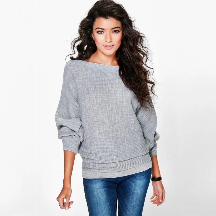 

Women Thin Loosen Fit Boat Neck Fashion Casual Knit Sweater Tops Shirt In Rib