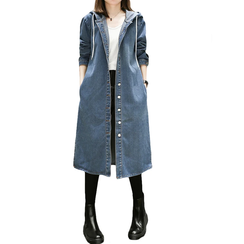 

Plus Size 5XL New Spring Autumn Women Trench Vestidos Female Casual Loose Solid Single Breasted Hooded Jeans Trench Coat CM2155