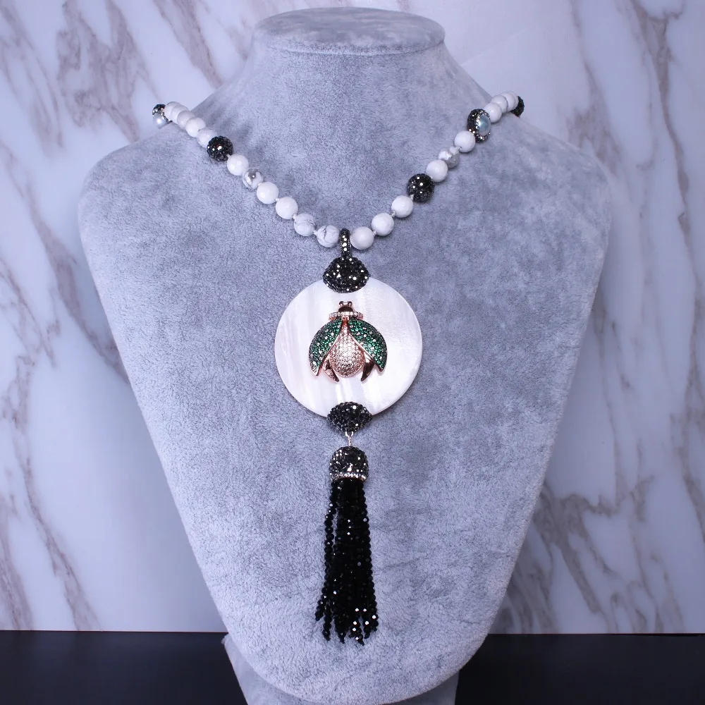 

White howlite natural stone insect necklace cubic zirconias beetle pendant 80cm long chain fashion jewelry for women N001YZ120