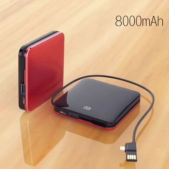 

Mini Power Bank 8000mAh Mirror Screen External Battery Dual USB Type C Powerbank Built in Cable 2.1A Fast Charger for Cellphones