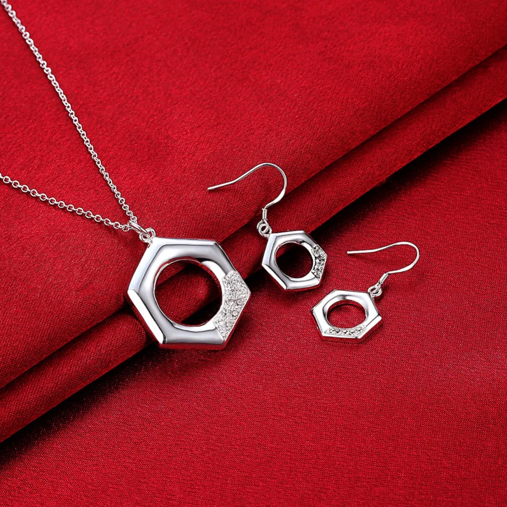 Wholesale fashion jewelry 925 silver square round necklace earrings, zircon two sets of jewelry