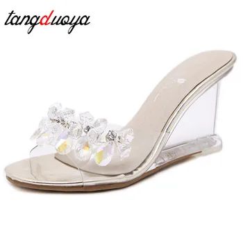 

2020 Women's Crystal Slippers Wedge Sandals Feminine Crystal Transparent Heels Rhinestone Wedge Sandals summer fashion high heel