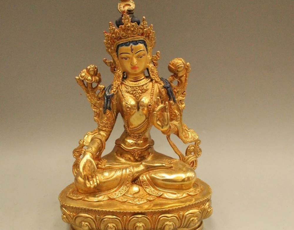 

9" Tibet Chinese Buddhism Bronze Gild Seat White Tara Goddess Buddha Statue
