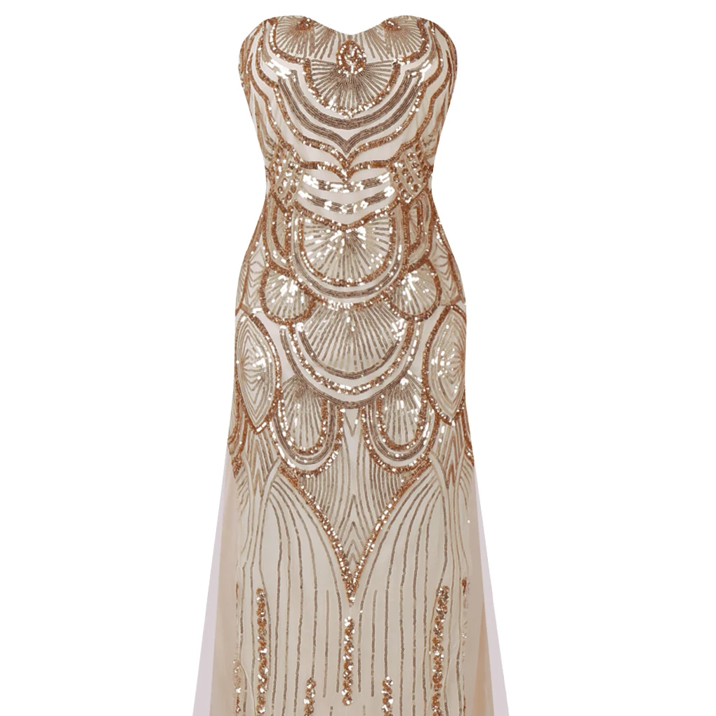 Maxi Dress Gold Strapless Elegent Voile Knit Sequin 2-layer Luxury Rococo Gothic Ceremonial Robe Sexy Dresses Evening/Celebrity