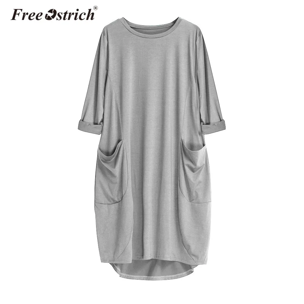 

Free Ostrich Women Dress Plus Size Pockets 2019 Autumn Womens Loose Dress Ladies O Neck Casual Dress Vestidos Mujer B0540