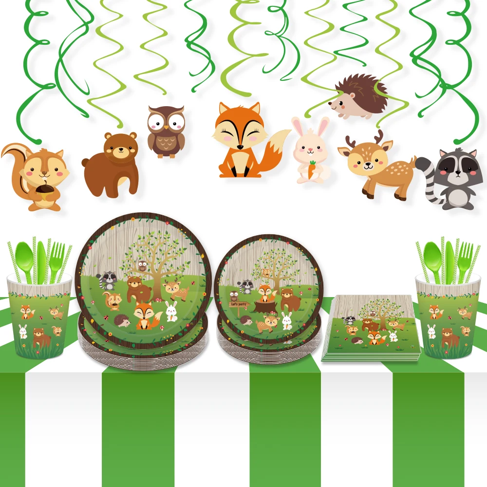 Baby Shower Woodland Party Decorations Carton Jungle Safari Animal Cake Border Disposable Tableware Sets Birthday Party Supplies