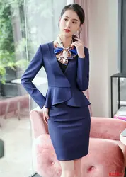 Формальные Для женщин Бизнес костюмы с юбкой и куртка комплекты синий Блейзер женские офисные Повседневная обувь костюмы OL стили