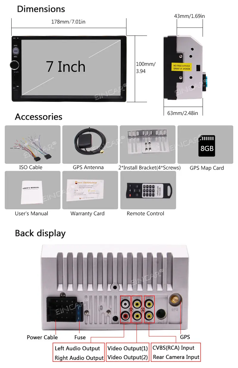 In Dash GPS Navigator Double 2 Din 7 inch HD Capacitive Touch Screen Built-in Bluetooth FM Radio tuner support Rear Camera Input