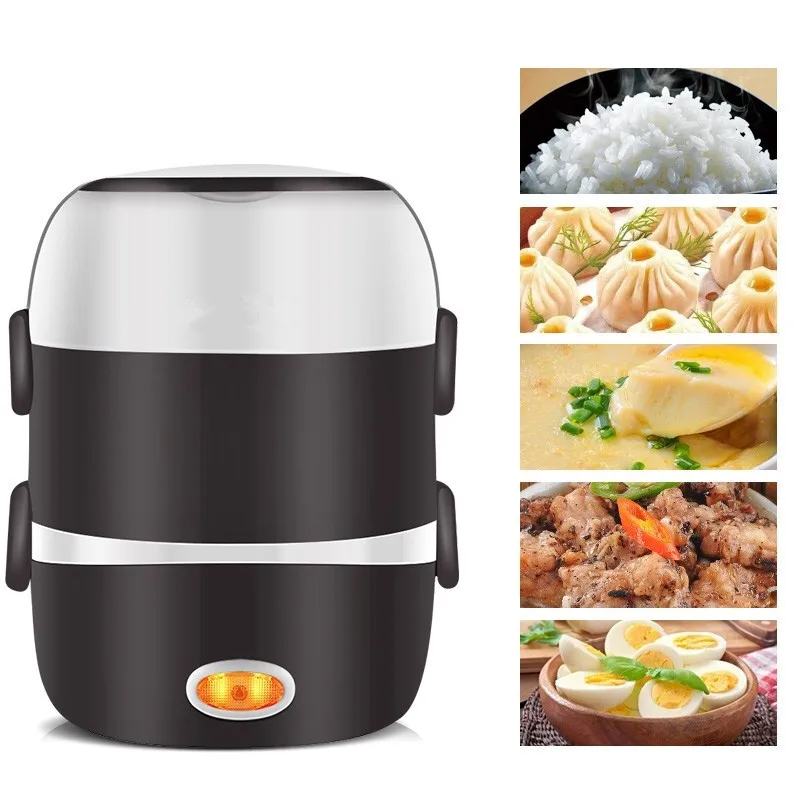220V Mini Electric Rice Cooker 2/3 Layers Available Steamer Stainless Steel Inner Portable Meal Thermal Heating Lunch Box 5