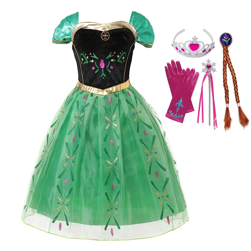 Anna Dress Set2 Платье принцессы Анны для девочек; карнавальный костюм Анны и Эльзы; платье для коронации; одежда без рукавов с принтом для девочек; детское праздничное летнее платье - Цвет: Anna Dress Set2