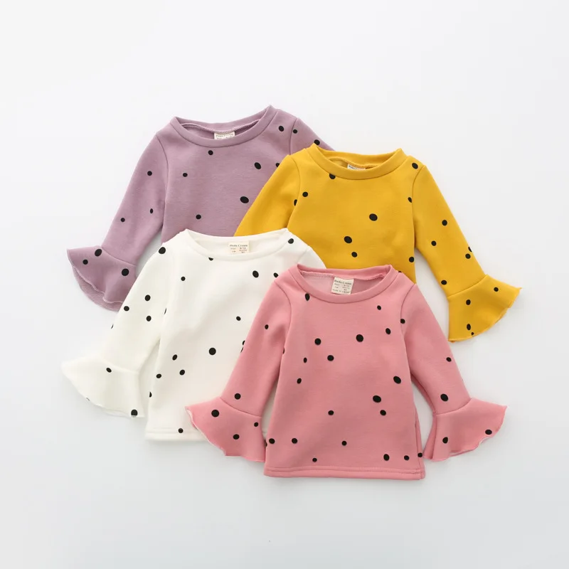 

Winter Baby Girl T Shirts Velvet Thick Warm Toddler Girls Tops Blouse Ruffle Sleeve Polka Dot Sweatshirts Baby Clothes DQ719