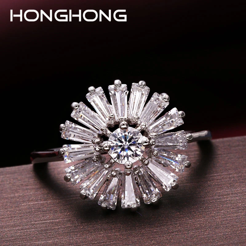 

2017 Newest Korean Style Big Sunflower CZ Stone Rings for women Crystal Jewelry Elegant Fashion Rings For Party wedding
