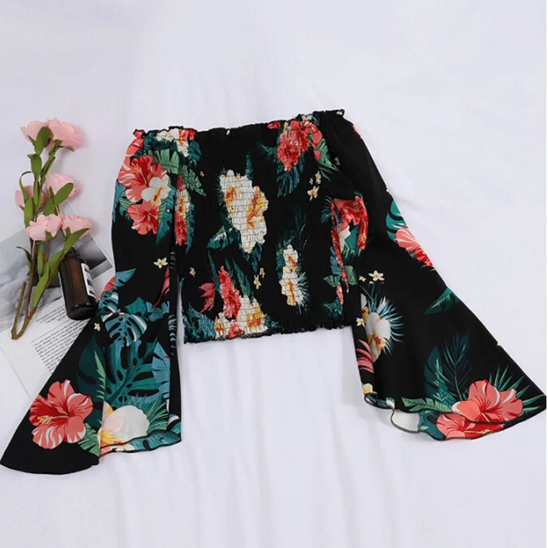 

2019 Chiffon Slash Neck Tops Floral Off Shoulder Blouse Female Women Blouse Shirts