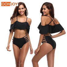 New Lotus Off Shoulder Bikini Women Swimsuit High Waist Bathing Suit S-XL Solid Black Swimwear Girl Adjustable Straps Bikini Set New Lotus Off Shoulder Bikini Women Swimsuit High Waist Bathing Suit S-XL Solid Black Swimwear Girl Adjustable Straps Bikini Set