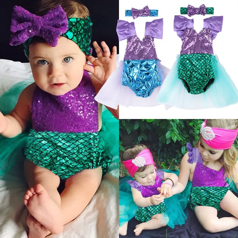 2017 Sequins Mermaid Newborn Baby Girl Summer Tutu Skirted Romper Bodysuit Jumpsuit +Headband