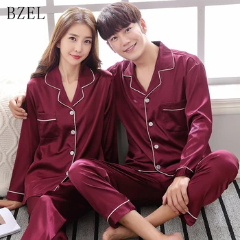 

BZEL Silk Satin Pajama Set Couples Long Sleeve Male Sleepwear Women Pajamas Pijama Pyjamas Men's Pajamas Homewear Big Yard M-3XL