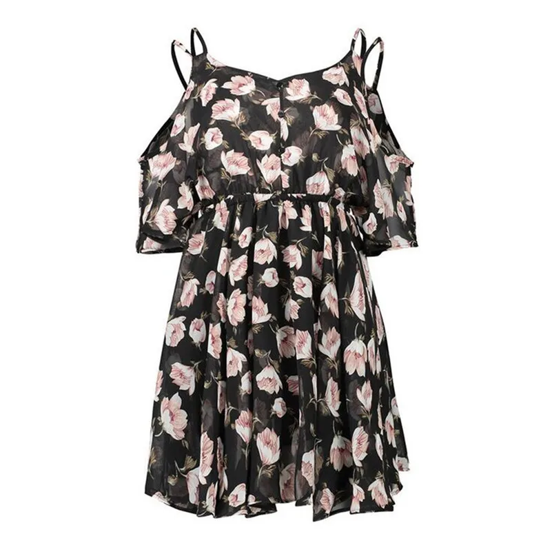Casual Beach Dress Cold Shoulder ruffle print Summer dresses women High waist strap chiffon beach dress Boho party sexy dresses (15)