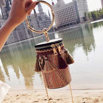 

Fashion Straw Ladies Tassel Tote Bag Shoulder Bags Cylinder Shape Chain Purse And Handbags Mini Bolsa Free Shipping