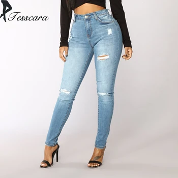 

Women Skinny Slim Pencil Bas Jeans Pants Lady Plus Size Hole Ripped Elastic Comfortable Causal Trousers Outwear Denim Bottom