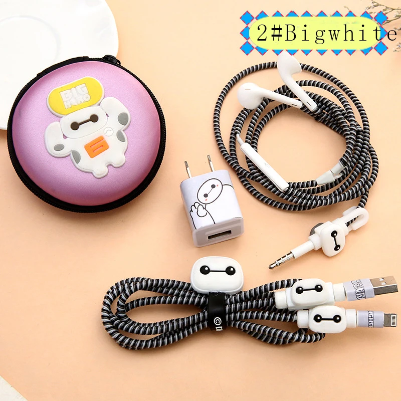 RACAHOO Cartoon USB Cable Earphone Protector Case Set With Cable Winder Stickers Spiral Cord Protector For iphone 5 6 6s 7plus2
