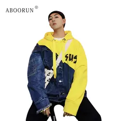 ABOORUN Для мужчин хип-хоп толстовки Denim шить печатных кофты Демисезонный толстовки уличная для мужчин x2167