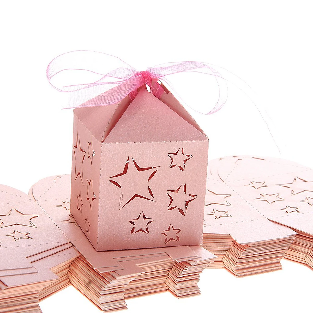 

50pcs Laser Cut Star Pattern Paper Candy Sweets Gift Boxes Baby Shower Favors (Pink)