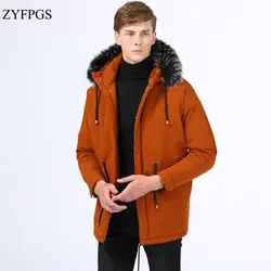 ZYFPGS новая мужская куртка 2018 зима свободный хлопок средней длины Капюшон Куртка мужская однотонная куртка Thickning Мужская плюс размер 4XL