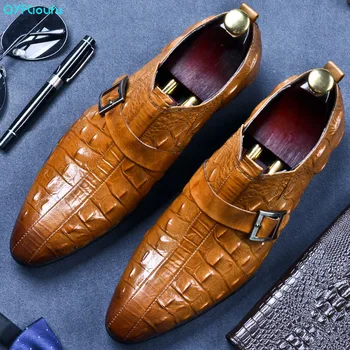 

QYFCIOUFU Luxury Genuine Leather Crocodile Pattern Men Oxford Shoes Pointed Toe Men Dress Shoes With Buckle Male Wedding Shoes