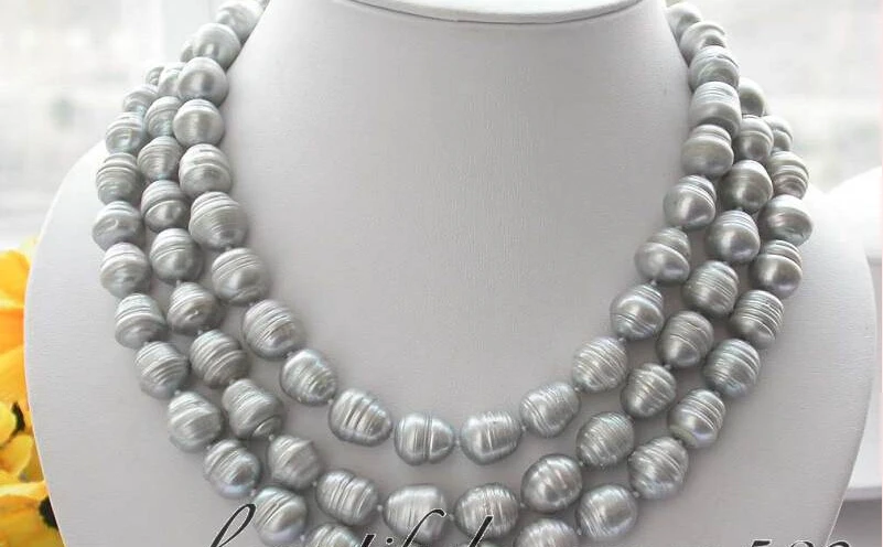 

Z3077 luster 3row 13mm rice gray screw thread pearl necklace (A0322)
