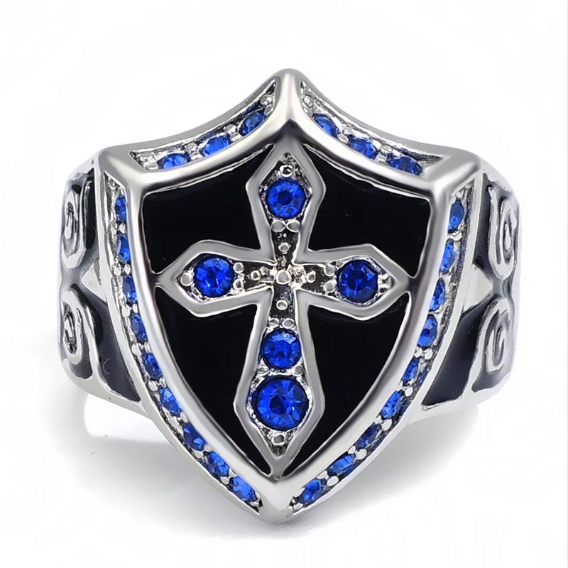 Men's Women's Silver Blue Crystal Cross Noble Knight Stainless Steel Ring Size 8-15