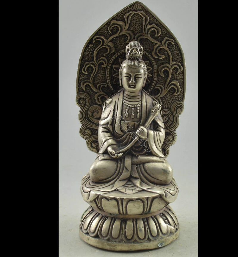 

zhmeru0037@++Collectible Decorated Handwork Tibet Silver Carved Kwan-yin Pray Statue