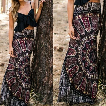 

Sexy Women Skirt Long Summer Boho Maxi Evening Party Skirts Fashion Ladies High Waist Skirt Retro Vintage Print Beach Sundress